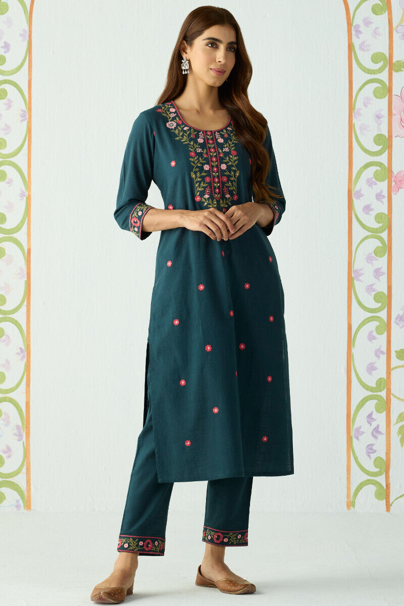Teal Bloom Embroidered Kurta Set