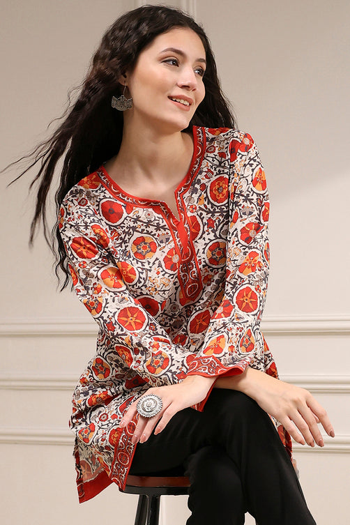 Off White-Red Polyester Straight Printed Short Kurta