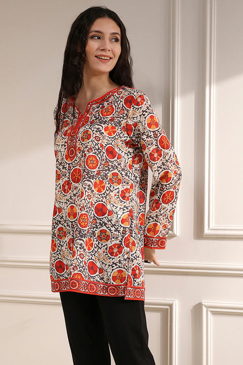 Off White-Red Polyester Straight Printed Short Kurta
