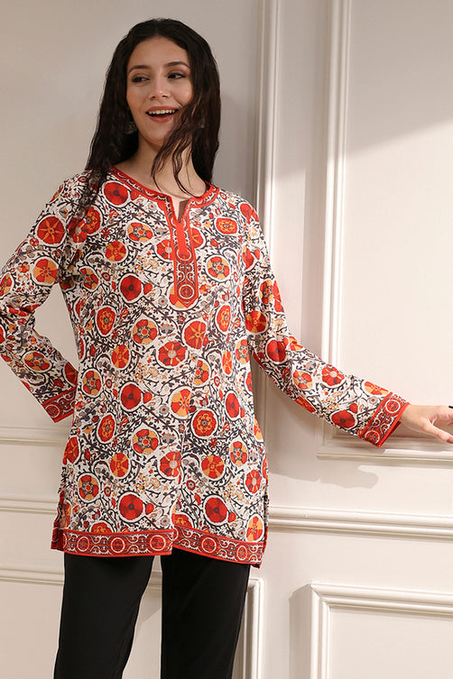 Off White-Red Polyester Straight Printed Short Kurta