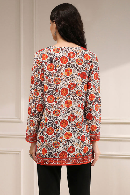 Off White-Red Polyester Straight Printed Short Kurta