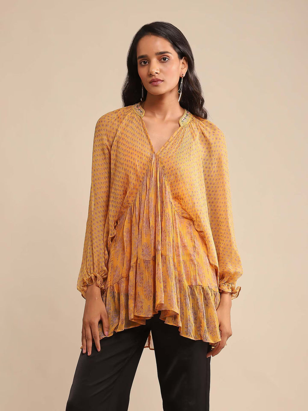 Yellow Kurta with Long sleeves and V neck