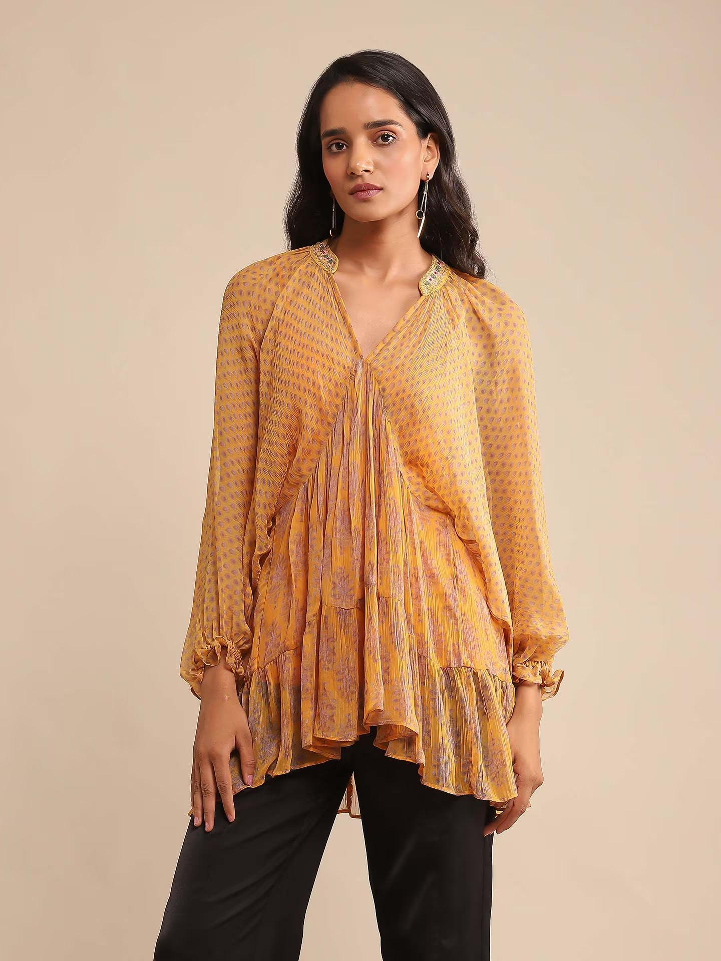 Yellow Kurta with Long sleeves and V neck