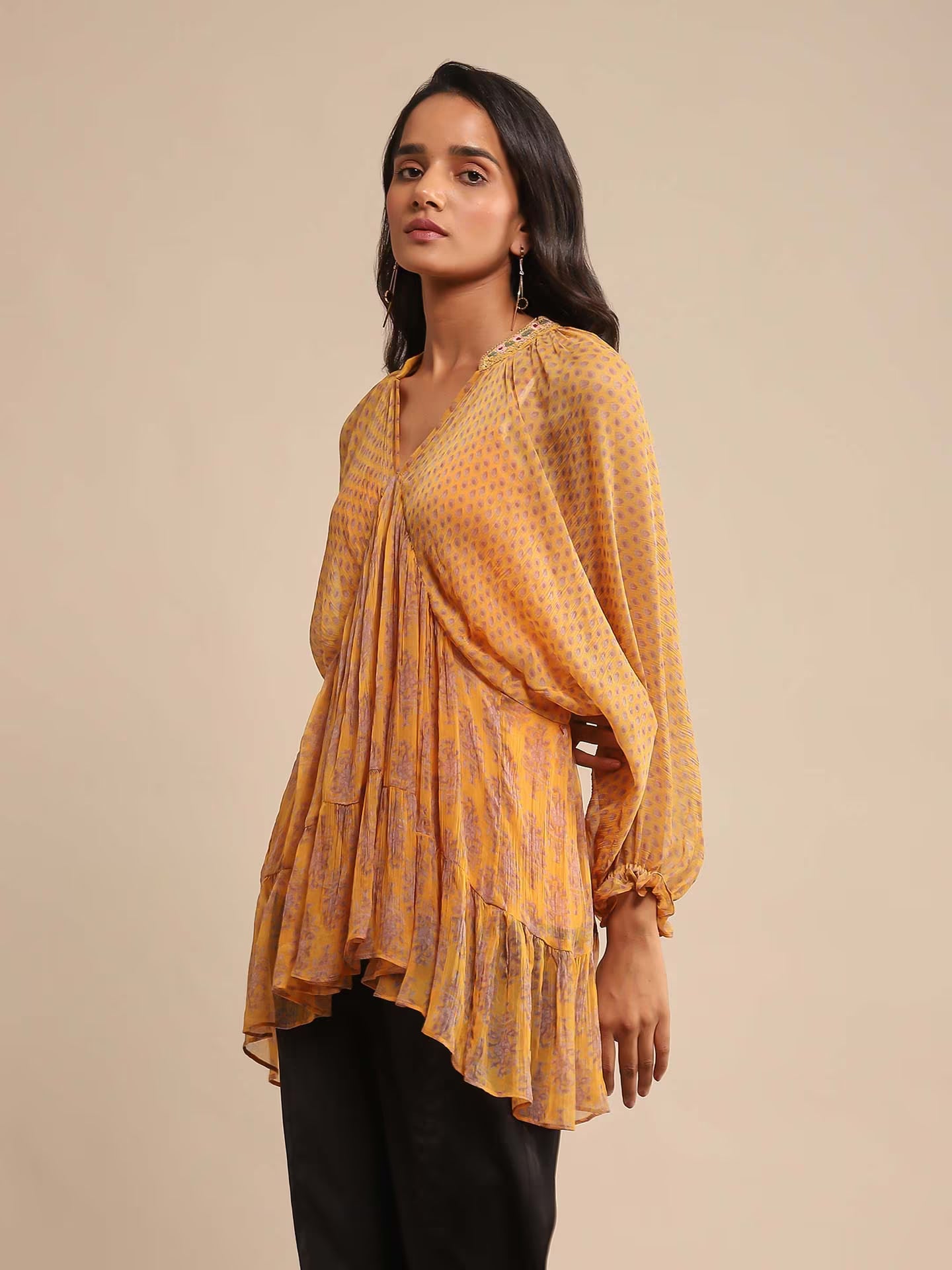Yellow Kurta with Long sleeves and V neck