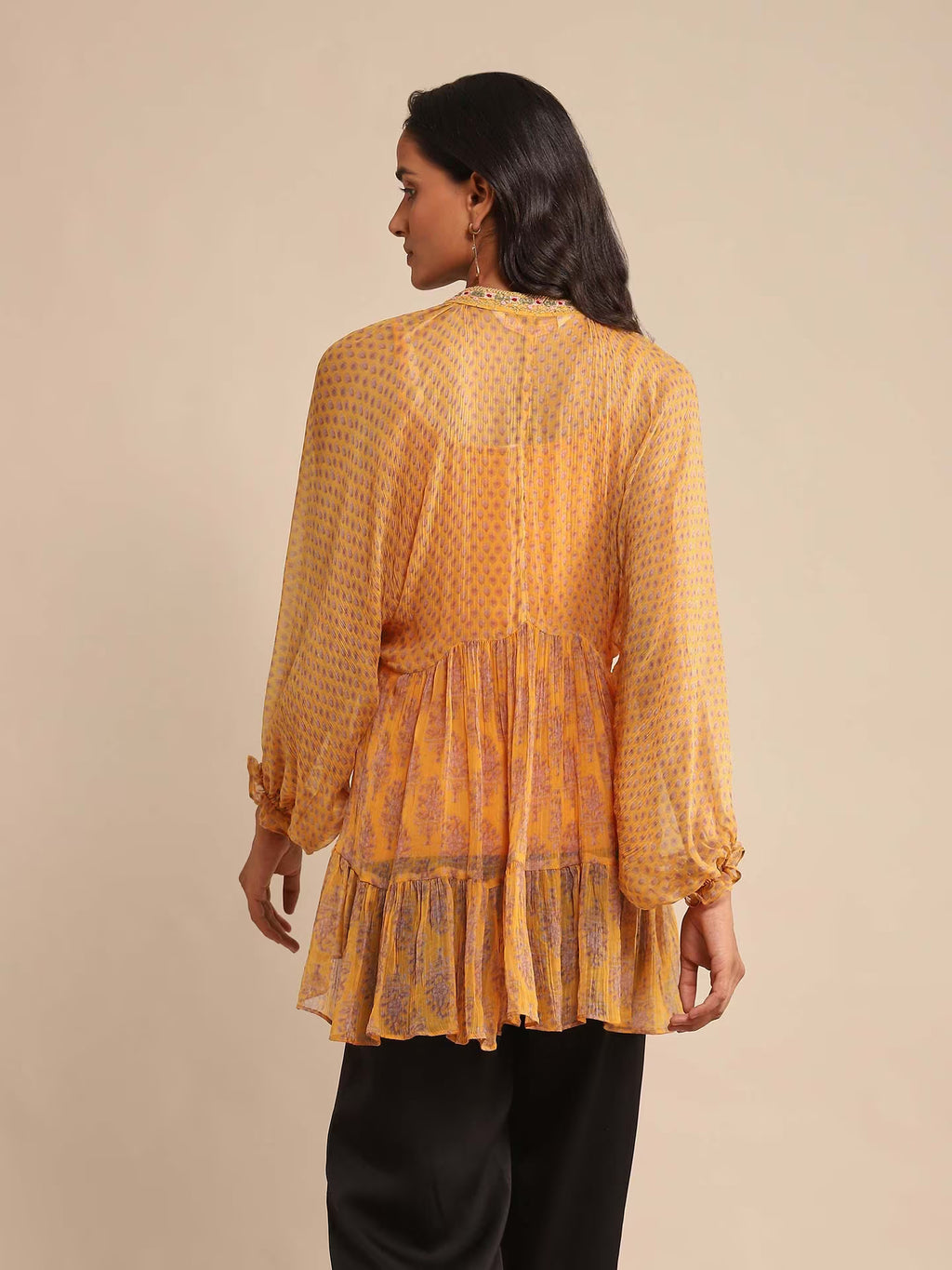 Yellow Kurta with Long sleeves and V neck