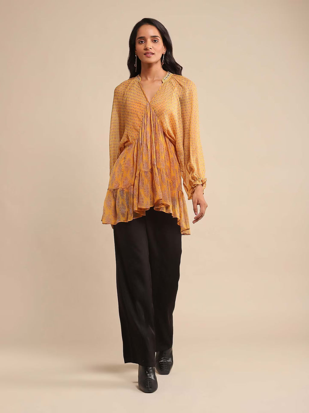 Yellow Kurta with Long sleeves and V neck