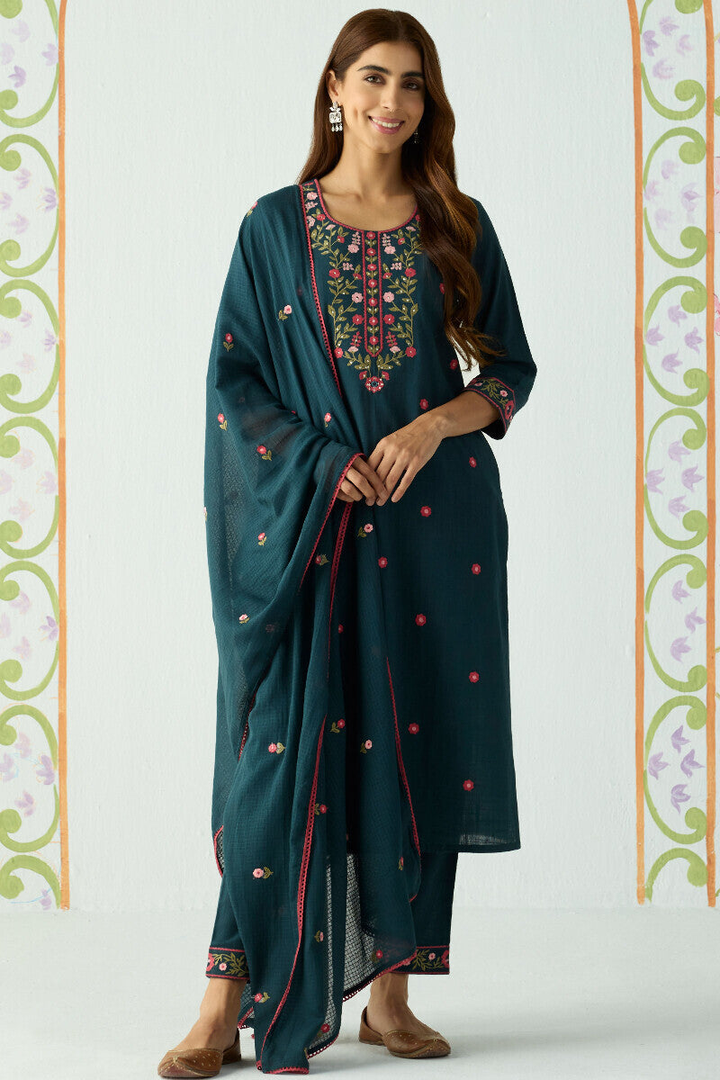 Teal Bloom Embroidered Kurta Set