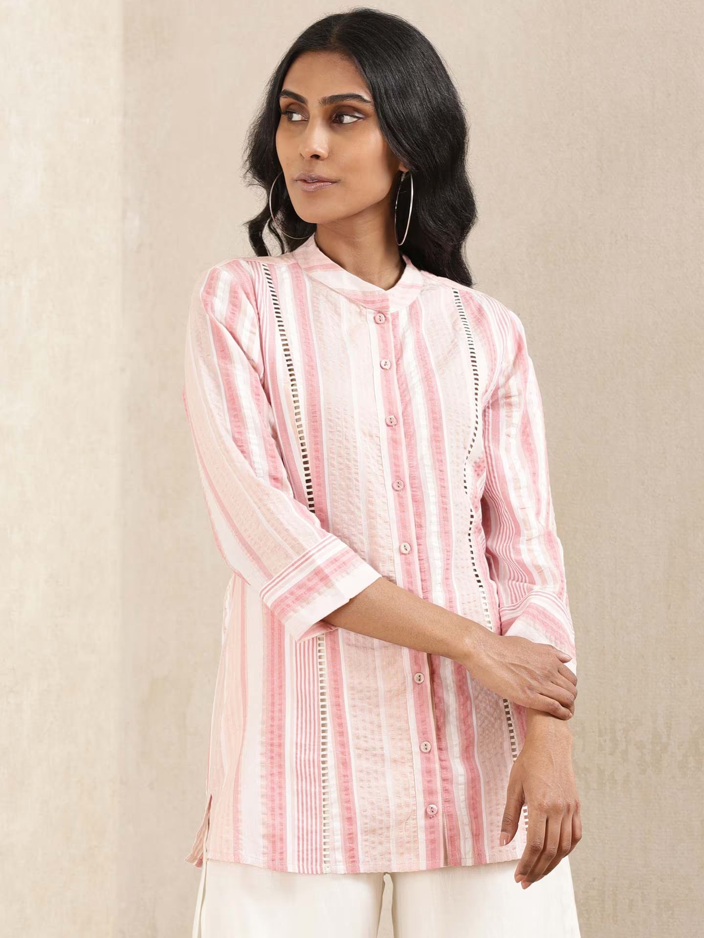 Pink Kurta Top with White straight stripes