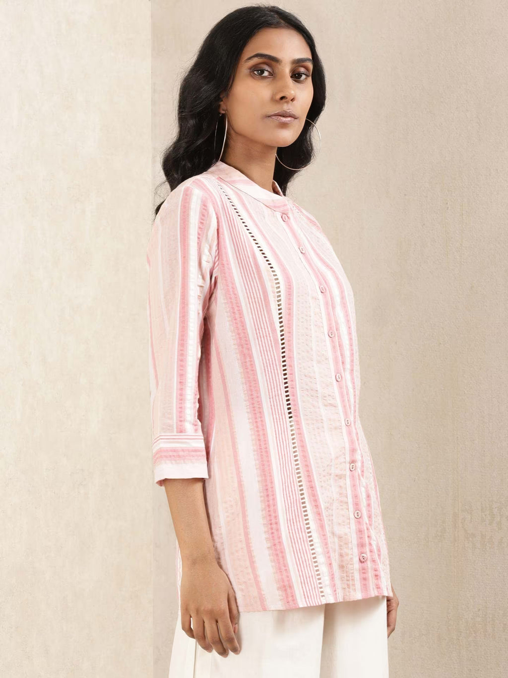 Pink Kurta Top with White straight stripes