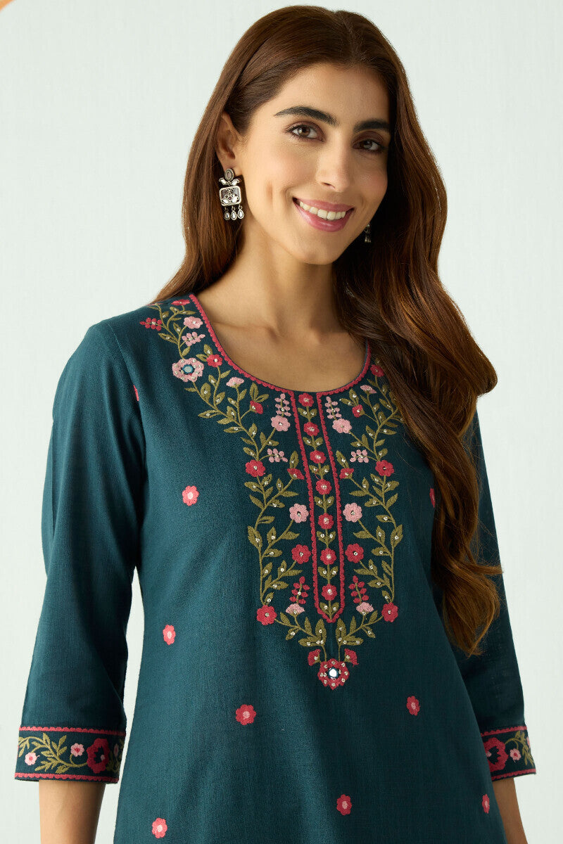 Teal Bloom Embroidered Kurta Set