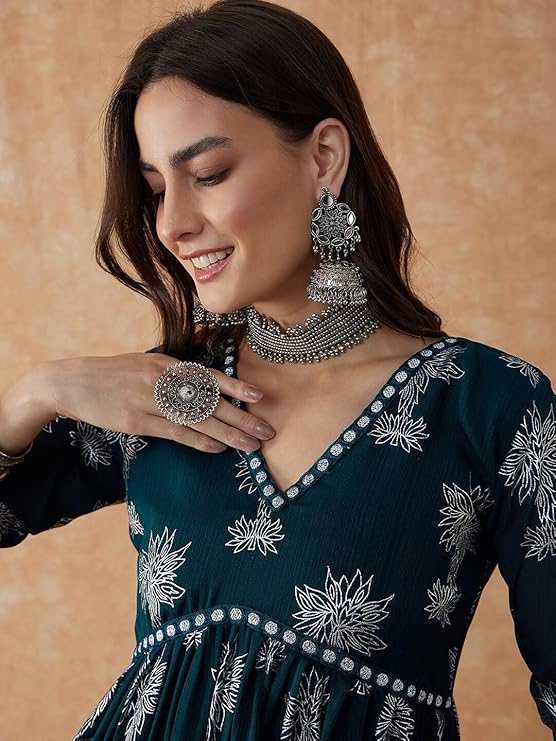 Midnight Pine Foil Print Anarkali Set