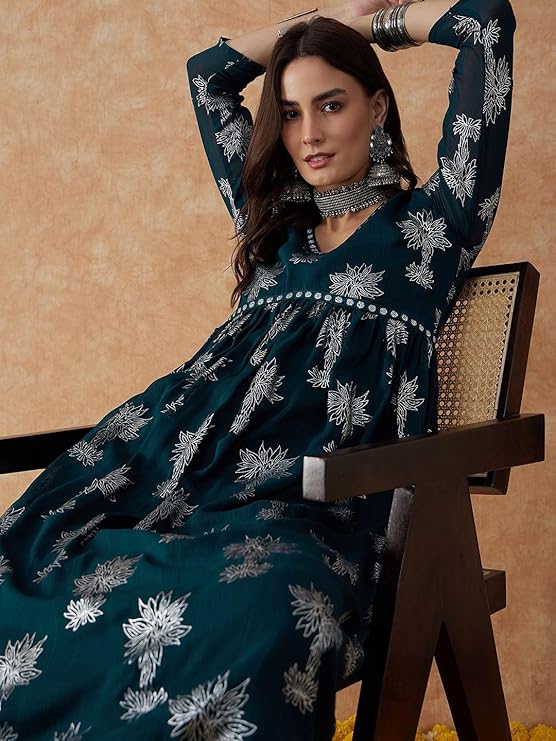 Midnight Pine Foil Print Anarkali Set