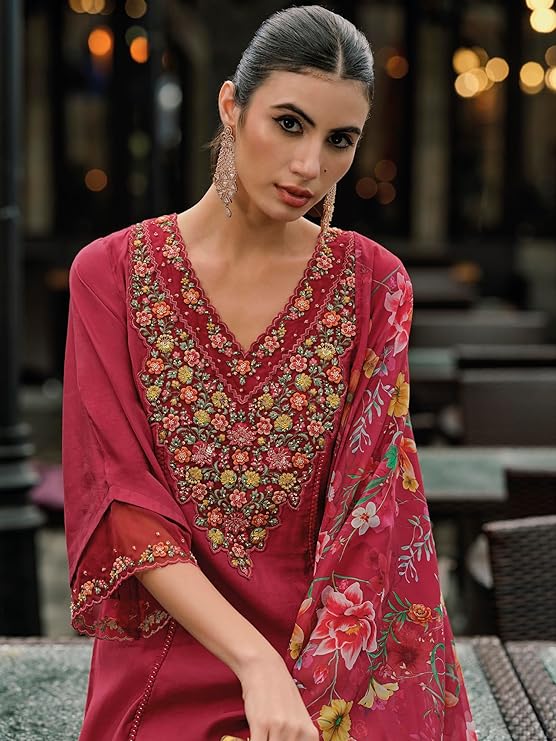 Crimson Bloom Hand-Embroidered Kurta Set