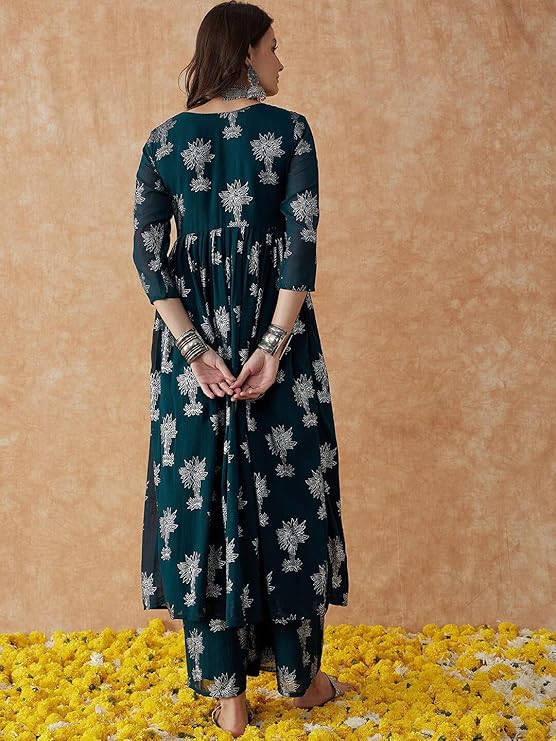 Midnight Pine Foil Print Anarkali Set