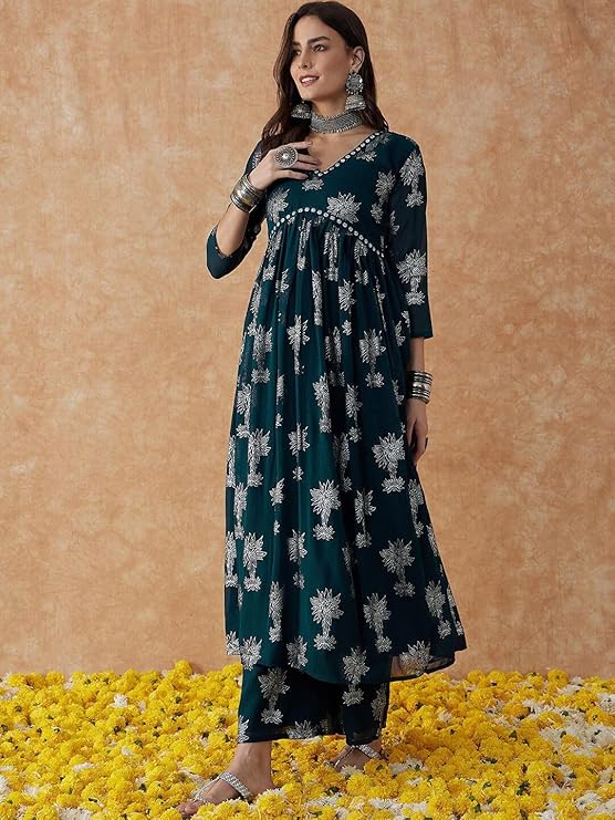 Midnight Pine Foil Print Anarkali Set