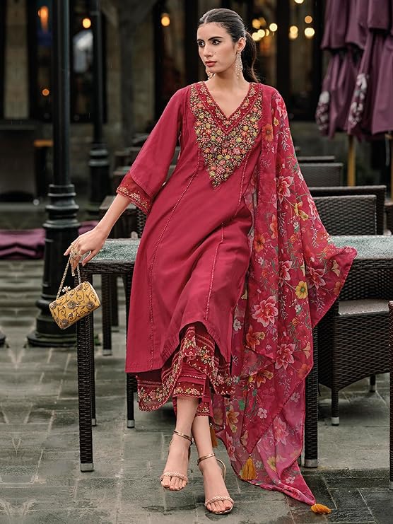Crimson Bloom Hand-Embroidered Kurta Set