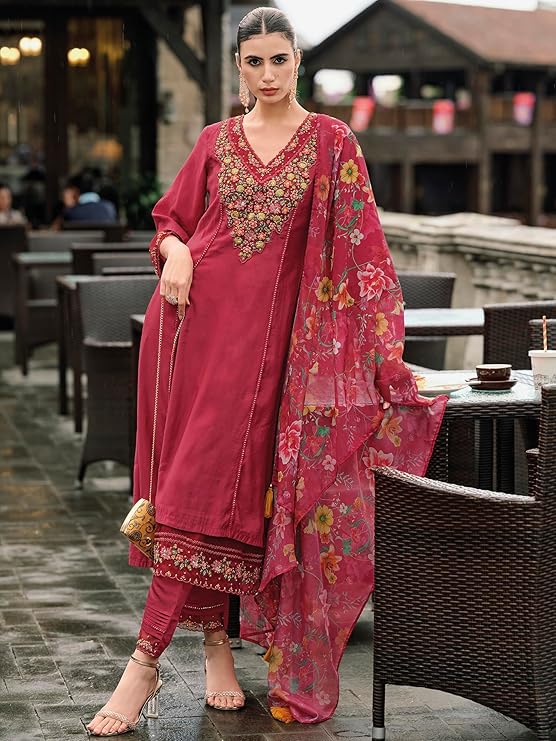 Crimson Bloom Hand-Embroidered Kurta Set